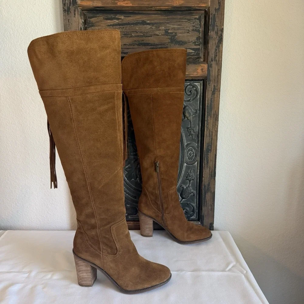 Franco Sarto Elnora Tall Suede Over The Knee Boots Brown Boho Fringe Tassel Sz 9